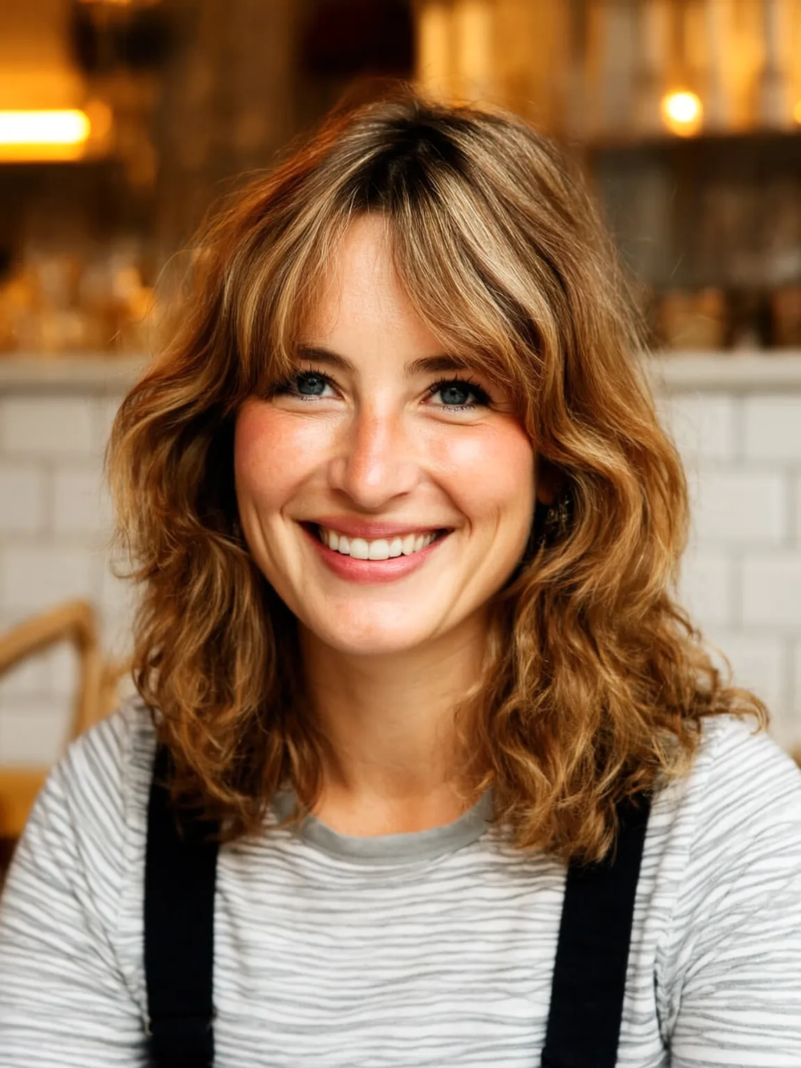 Mid-Length Warm Caramel Brown Layers with Curtain Bangs